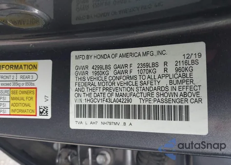 2020 Honda Accord Ex из США, поврежденный, VIN 1HGCV1F43LA042290